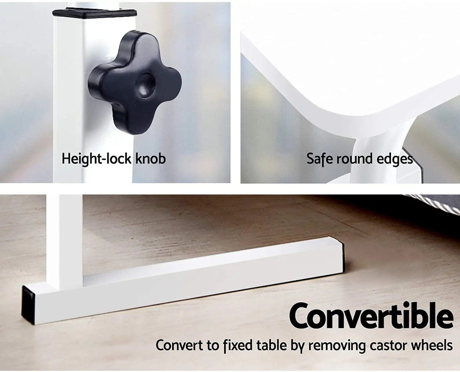 Mobile Laptop Desk Adjustable Height 360°Rotation Wooden Table Top Metal Frame Notebook, Computer Stand for Home Office - White pattanaustralia